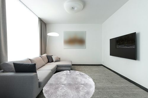 Super Soft Grey Round Faux Fur Area Rugs, Fuzzy Fluffy Sheepskin Carpet, Shaggy Furry Floor Mat for Nursery Rugs Living Room Bedroom Bedside, 3 x 3 Feet in Modern Living Room with Grey Couch