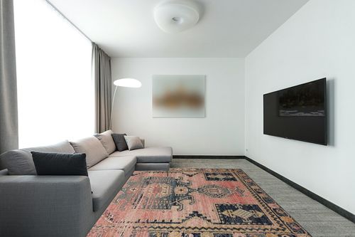 Rose / Rose Transitional Shed Resistant, Fade Resistant, Stain Resistant Hallway Area Rug in Modern Living Room with Grey Couch