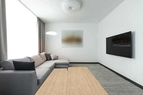NuLOOM Elijah Farmhouse Seagrass Area Rug, 6' x 9', Beige in Modern Living Room with Grey Couch