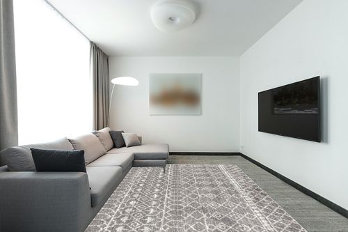 JONATHAN Y MOH209B-8 Izil Moroccan Beni Souk Indoor Farmhouse Area-Rug Bohemian Minimalistic Geometric Easy-Cleaning Bedroom Kitchen Living Room Non Shedding, 8 X 10, Gray,Cream in Modern Living Room with Grey Couch