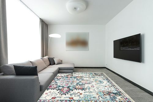 Cream/Blue Retro Non shedding, Stain Resistant, Pet friendly Living Room Area Rug in Modern Living Room with Grey Couch