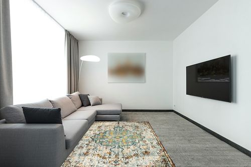 Pastel Teal Large Dining Room Rug in Modern Living Room with Grey Couch