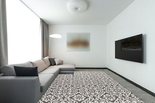 Nicole Miller New York Patio Country Danica Transitional Geometric Indoor/Outdoor Area Rug, Black/Grey, 9'2"x12'5" in Modern Living Room with Grey Couch