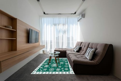 Christmas Area Rug 5 x 8, Washable Bedroom Rug Non-Slip Kitchen Rugs Non Shedding Floor Cover Mat Runner Rug for Living Room Dining Room Outdoor Carpet Seasonal Green Snowflakes Winter Xmas in Grey Living Room with Brown Couch