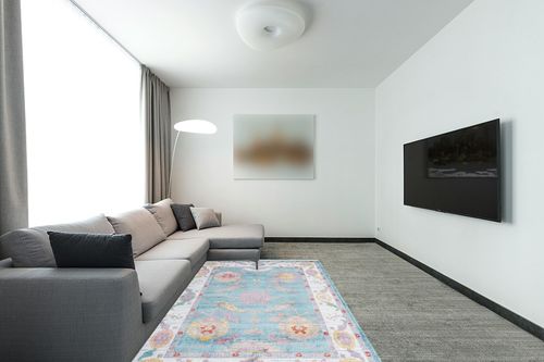 Rugs.com Paragon Collection Rug – 5' x 8' Aqua Medium-Pile Rug Perfect for Bedrooms, Dining Rooms, Living Rooms in Modern Living Room with Grey Couch