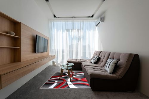 Masada Rugs, Sophia Collection Hand Carved Area Rug Modern Contemporary Red White Grey Black (5 Feet 3 Inch X 7 Feet) in Grey Living Room with Brown Couch