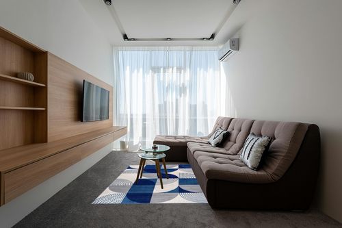 Well Woven Good Vibes Margot Blue Modern Geometric Boxes & Lines 5'3" x 7'3" 3D Texture Area Rug in Grey Living Room with Brown Couch