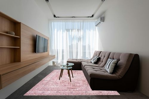 Bohemian Vintage Foldable Large Carpet in Grey Living Room with Brown Couch