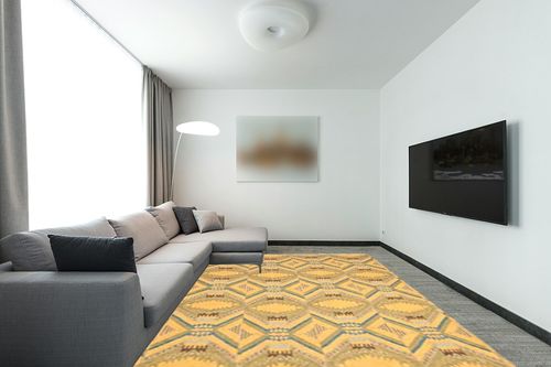 SAFAVIEH Bengal Diamond Collection 9' x 12' Saffron Yellow DVE517A Hand-Knotted Premium Wool Area Rug in Modern Living Room with Grey Couch