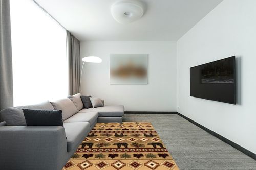 Atwell Southwestern Beige Rug Millwood Pines Rug Size: Rectangle 5'3" x 7'6" in Modern Living Room with Grey Couch
