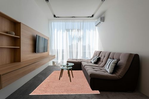 Pink Shag Rug 6x9 in Grey Living Room with Brown Couch