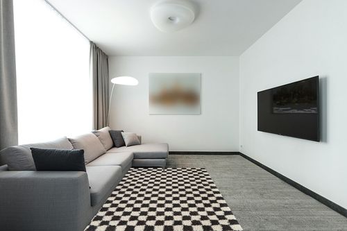 Balta Rugs Oslo Checkered Shag Rug, Black, 5' 3" x 7' in Modern Living Room with Grey Couch