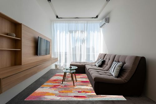 JONATHAN Y CTP101A-8 Contemporary POP Modern Abstract Brushstroke Indoor Area-Rug Bohemian Easy-Cleaning High Traffic Bedroom Kitchen Living Room Non Shedding, 8 ft x 10 ft, Cream/Pink in Grey Living Room with Brown Couch