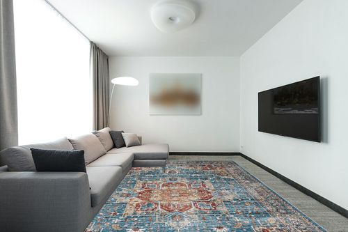 Area Rugs for Living Room: 9x12 Rug for Bedroom Machine Washable with Non Slip Backing Non Shedding, Boho Medallion Floral Large Carpet for Dining Room Nursery Home Office Blue/Red in Modern Living Room with Grey Couch