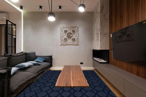 Garland Rug Sparta Area Rug, 9' x 12', Navy CL100N10814410 in Dark Wood Living Room with Black Couch