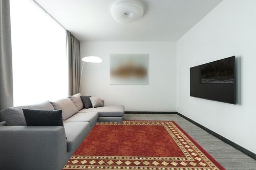 Antep Rugs Alfombras Modern Bordered 8x10 Non-Skid (Non-Slip) Low Profile Pile Rubber Backing Indoor Area Rugs (Maroon Beige, 7'10" x 10') in Modern Living Room with Grey Couch