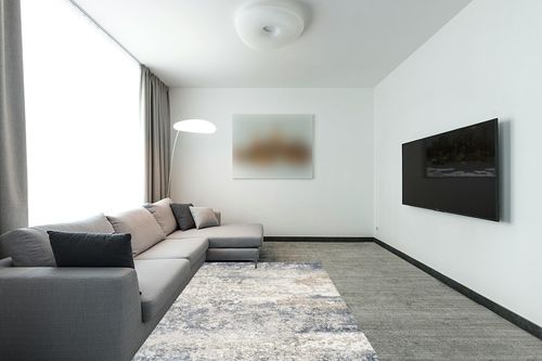 Tpr18-blue Contemporary Foldable, Stain Resistant, Non Slip, Washable Living Room Area Rug in Modern Living Room with Grey Couch