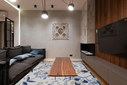 Nourison Aloha Indoor/Outdoor Blue/Grey 9' x 12' Area-Rug,Easy-Cleaning, Non Shedding, Bed Room, Living Room, Dining Room, Deck, Backyard, Patio (9x12) in Dark Wood Living Room with Black Couch