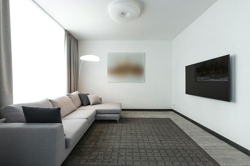 Home Dynamix Nicole Miller New York Patio Country Luna Contemporary Geometric Indoor/Outdoor Area Rug, Black/Grey, 7'9"x10'2" in Modern Living Room with Grey Couch