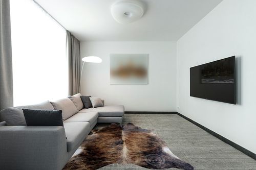 Sunshine Cowhides Genuine Dark Brindle Cowhide Rug - Luxurious Cow Rug for Bedroom, Living Room, and Home Decor Enthusiasts - Masterpiece of Style and Functionality - 6x6-7ft (180x210cm) in Modern Living Room with Grey Couch