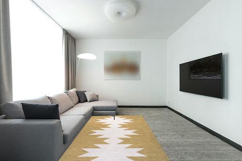 JONATHAN Y WSH110B-5 Chayton Minimalist Geometric Machine-Washable Indoor Area-Rug, Bohemian Southwestern Modern Easy-Cleaning,Bedroom,Kitchen,Living-Room,Non Shedding, Light-Green/Ivory, 5 X 8 in Modern Living Room with Grey Couch