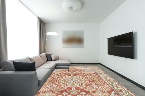 Kokia 9x12 Area Rugs for Living Room, Stain Resistant Machine Washable Rug, Non Slip Backing Hobo Rugs for Bedroom, Printed Soft Vintage Carpet Orange 9 x 12 in Modern Living Room with Grey Couch