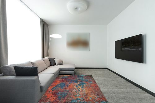 Nourison Celestial Red/Blue Atlantic 5'3" x 7'3" Area -Rug, Contemporary, Abstract, Easy -Cleaning, Non Shedding, Bed Room, Living Room, Dining Room, Kitchen, (5' x 7') in Modern Living Room with Grey Couch