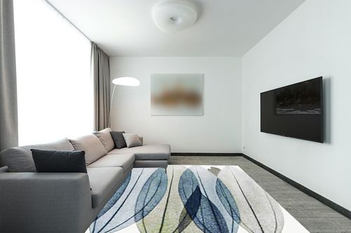 SAFAVIEH Hollywood Collection Area Rug - 8' x 10', Ivory & Blue, Mid-Century Modern Design, Non-Shedding & Easy Care, Ideal for High Traffic Areas in Living Room, Bedroom (HLW703A) in Modern Living Room with Grey Couch