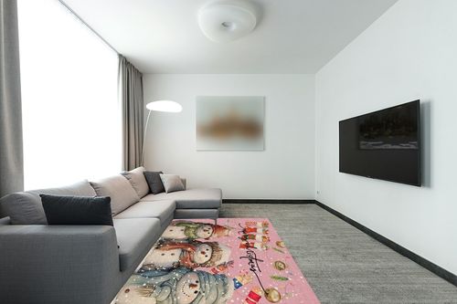 OComster Pink Christmas Rectangle Shape Large Area Rugs - 5 x 8 Feet Xmas Stocking Snowman Winter Snowflake - (Non-Woven + Rubber) Low File Floor Mat in Modern Living Room with Grey Couch
