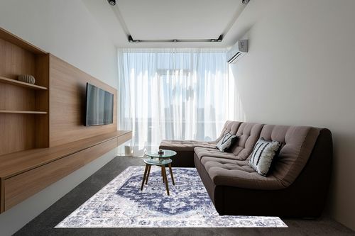 Auemtyn Washable Rug,8x10 Area Rug for Living Room, Rug with Anti-Slip Backing, Vintage Rug for Bedroom,Ultra-Thin Boho Farmhouse Rug for Home Decor(8'x10',Blue) in Grey Living Room with Brown Couch