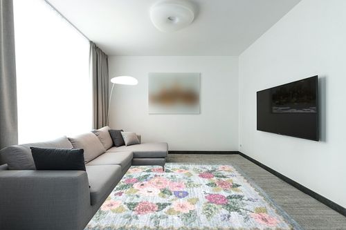 Loloi Rifle Paper Co. x Rosa Sky 7'-6" x 9'-6" Area Rug in Modern Living Room with Grey Couch