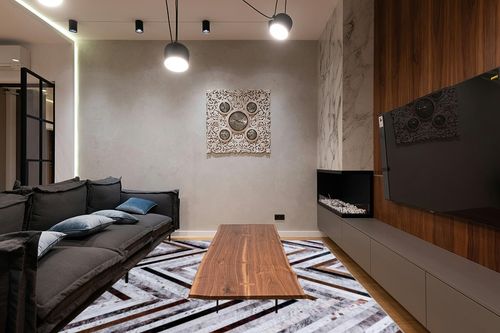 DECOMALL Coronado 8x10ft Area Rugs, Modern Geometric Faux Cowhide Patchwork Rug, Machine Washable Non Slip Carpet for Living Room Bedroom Dinning Room,8x10ft Multi in Dark Wood Living Room with Black Couch