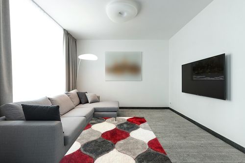 United Rugs - 4D Shaggy 6488 Thick Soft Plush Modern Shag Stain-Resistant Area Rug (Red, 5' x 7') in Modern Living Room with Grey Couch