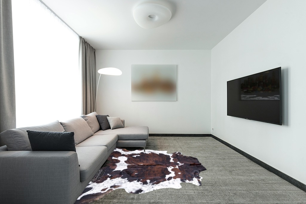 rodeo Genuine Cowhide Rug: Hand-Picked & Authentic Real Cowhide Rug for Country Home Decor - Cow Hide Rug Large Sized at 6x7ft - Cozy, Unique, Durable, Leather Cow Carpet Rugs - Brindle Nutella in Modern Living Room with Grey Couch