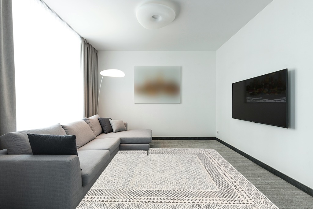 Beige Transitional Non Slip Living Room Area Rug in Modern Living Room with Grey Couch