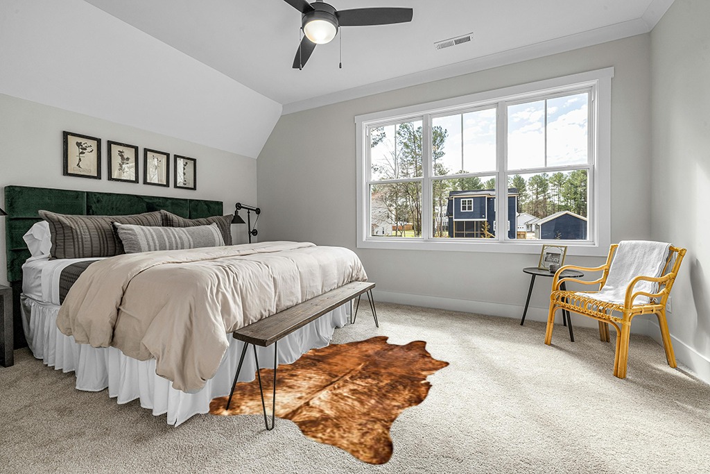 NativeSkins Brindle Faux Cowhide Rug - Sahara Sands (4.6ft x 6.6ft) - Cow Print Area Rug for a Western Boho Decor - Synthetic, Cruelty-Free Animal Hide Carpet with No-Slip Backing, Cow Print Rug in Grey Traditional Bedroom with King Bed