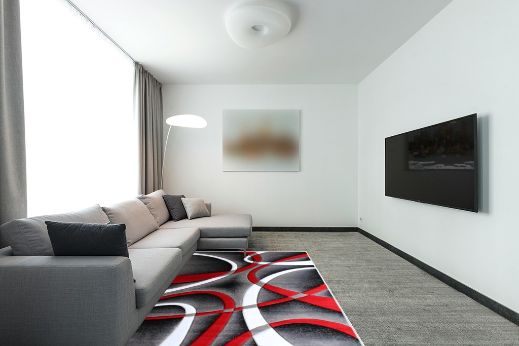 Masada Rugs, Sophia Collection Hand Carved Area Rug Modern Contemporary Red White Grey Black (5 Feet 3 Inch X 7 Feet) in Modern Living Room with Grey Couch