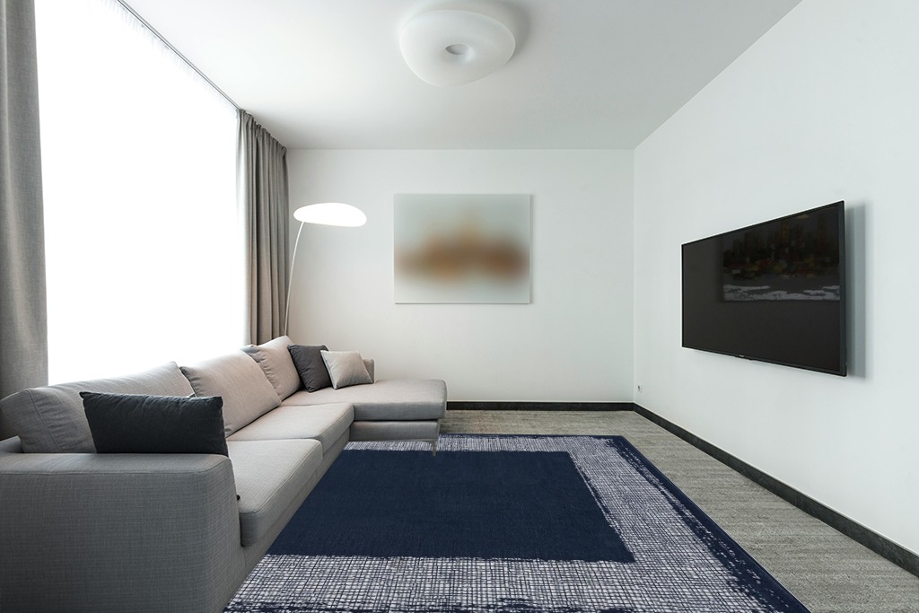 CAMILSON Navy Blue Area Rug 7'10" x 10', Easy-Cleaning Non-Shedding, Bordered for Living Room, Bedroom, Dining Room Navy Blue/Cream Indoor Area Rugs (8x10) in Modern Living Room with Grey Couch