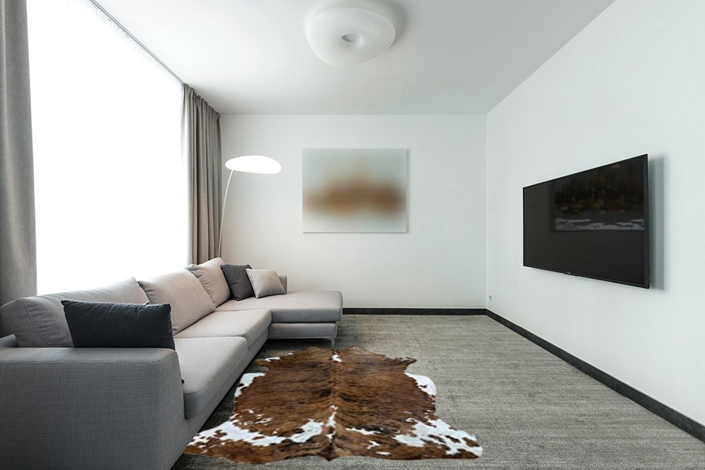 bonanza leathers Genuine Cowhide Rug Classic Tricolor Size S/L/XL 5X6/6X7/7X8 FT (L) in Modern Living Room with Grey Couch