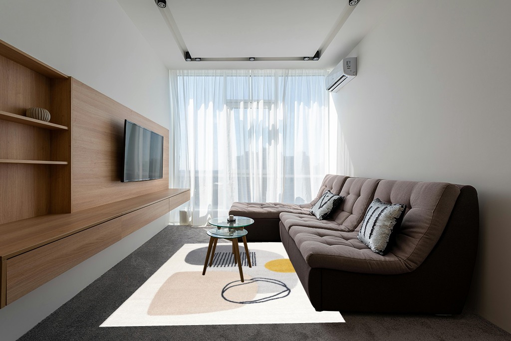 Abani Rugs Cream and Gray 6 ft. X 9 ft. Mid-Century Rug with Circles and Lines. Neutral Tones of Cream, Gray and a pop of Yellow. Minimalistic Design Turkish Stain Resistant Area Rug. in Grey Living Room with Brown Couch