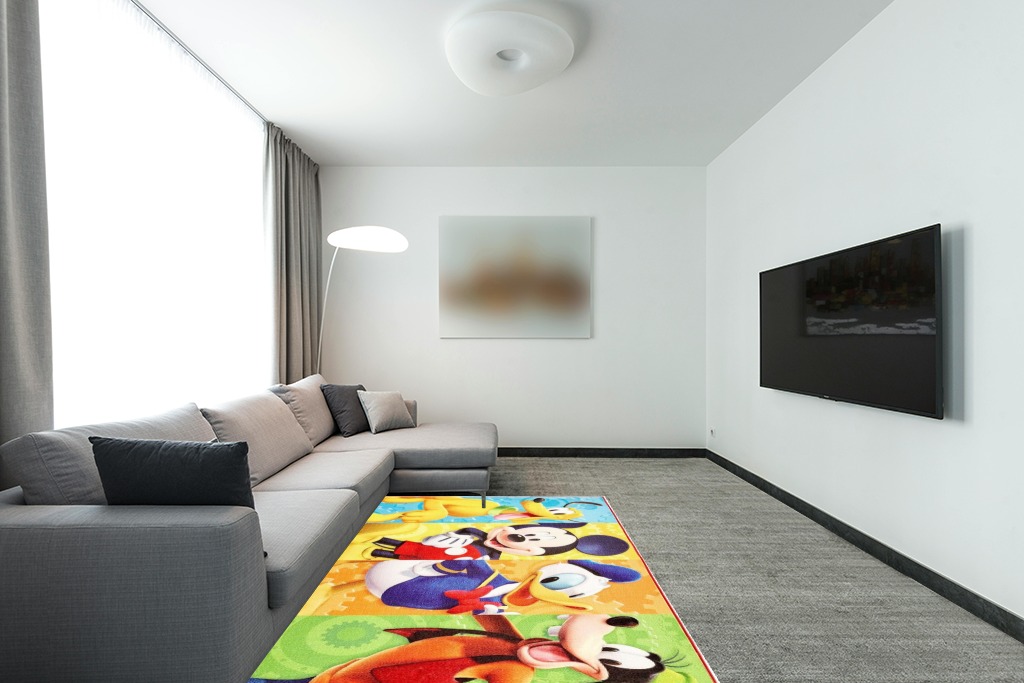 Gertmenian Kids Playroom & Game Room Carpet Disney Mickey Mouse Club House Friends Childrens Rug Kids Home Decor, Area Carpet for Boys & Girls Playroom, Bedroom 54x78 Large, Multi-Color, 31117 in Modern Living Room with Grey Couch