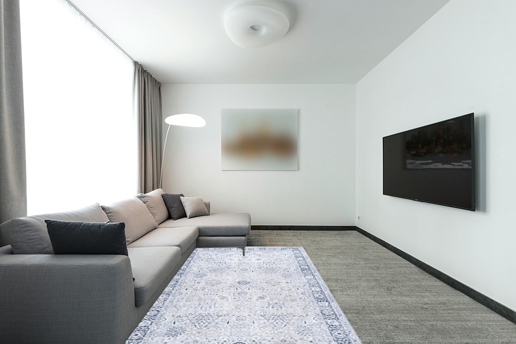 Rugs USA x Lauren Liess Bayberry Vintage Machine Washable Area Rug - 5x8 Machine Washable Area Rug Traditional Light Blue/Ivory for Living Room Bedroom Dining Room Kitchen in Modern Living Room with Grey Couch