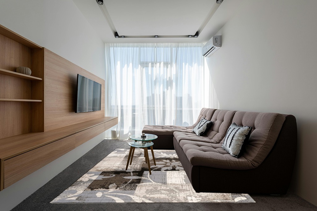 Indoor Area Rug with Jute Backing 8' X 10' in Grey Living Room with Brown Couch