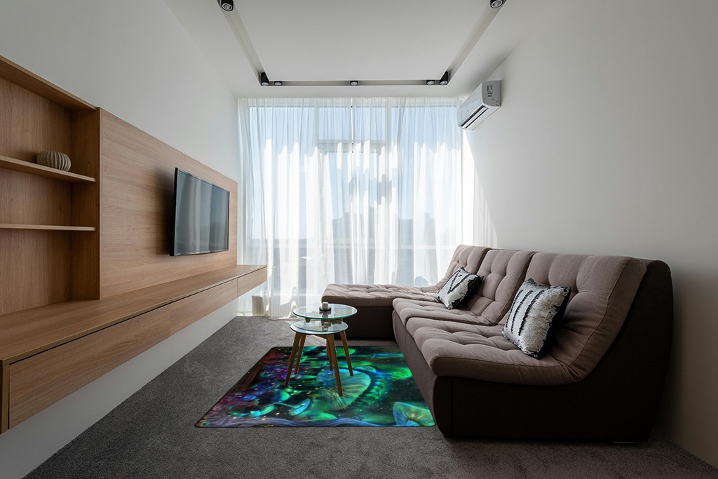 EEIVEUN Green Forest Luminous Mushrooms 5x7' Area Rugs, Indoor Living Room Floor Carpet for Dining Room Kitchen Garden Nursery, Washable Rug Yoga Mat for Office Bedroom Home Decor in Grey Living Room with Brown Couch