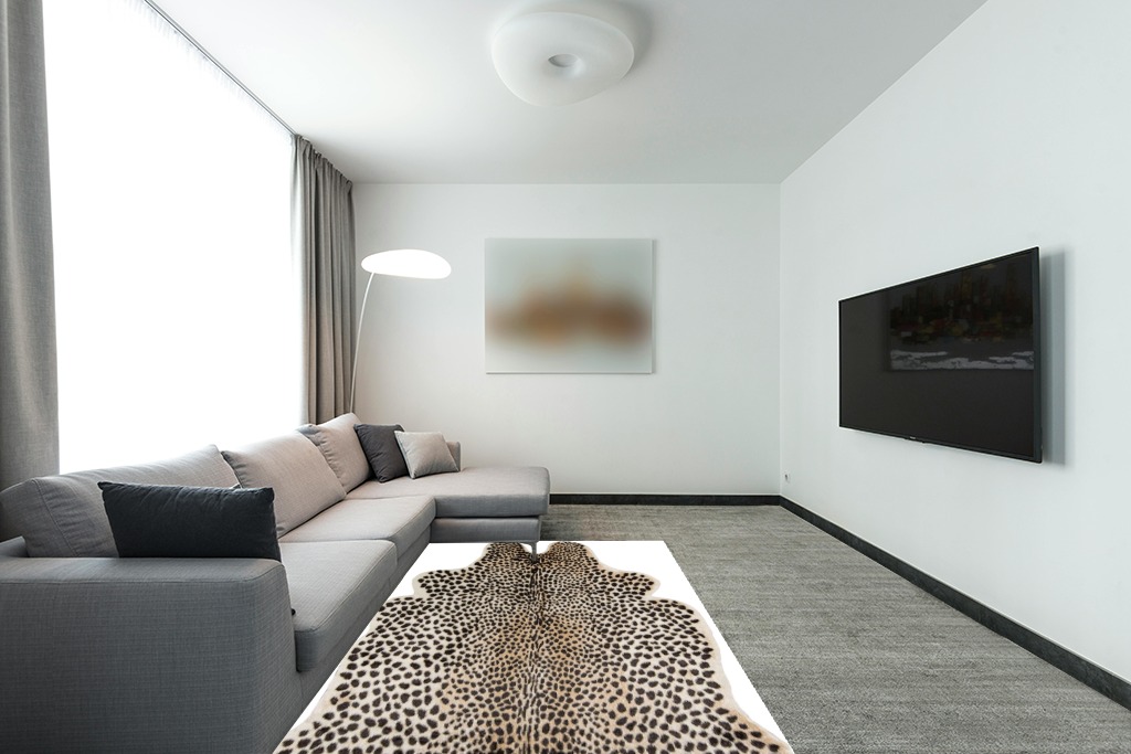 Erin Gates by Momeni Acadia Cheetah Multi Faux Hide Area Rug 5'3" X 7'10" - Multicolor in Modern Living Room with Grey Couch