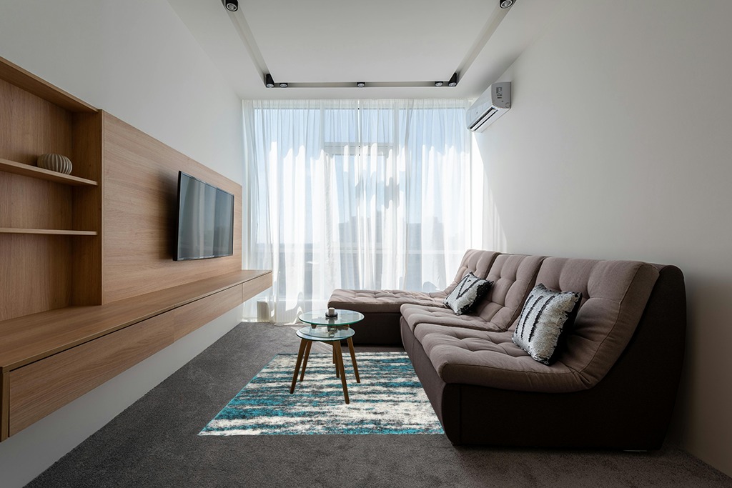 Rugshop Contemporary Abstract Design Plush Shag Area Rug 5' x 7' Turquoise in Grey Living Room with Brown Couch