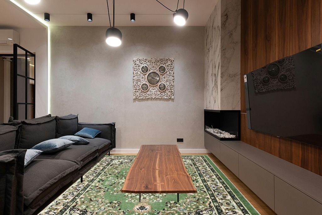 Antep Rugs Oriental 8x10 Traditional Medallion Indoor Area Rug Siesta (Green Beige, 7'10" x 10') in Dark Wood Living Room with Black Couch