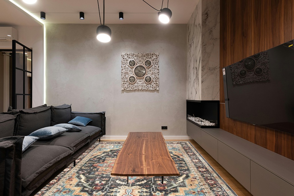 Gertmenian Boho Area Rug, 8x10 Large Home Decor for Entryway, Bedroom, Living Room, Office, Kitchen Non Slip, Soft, Low-Pile, Printed Indoor Accent Rugs Center Medallion, Tiefi Black Multi, 28542 in Dark Wood Living Room with Black Couch