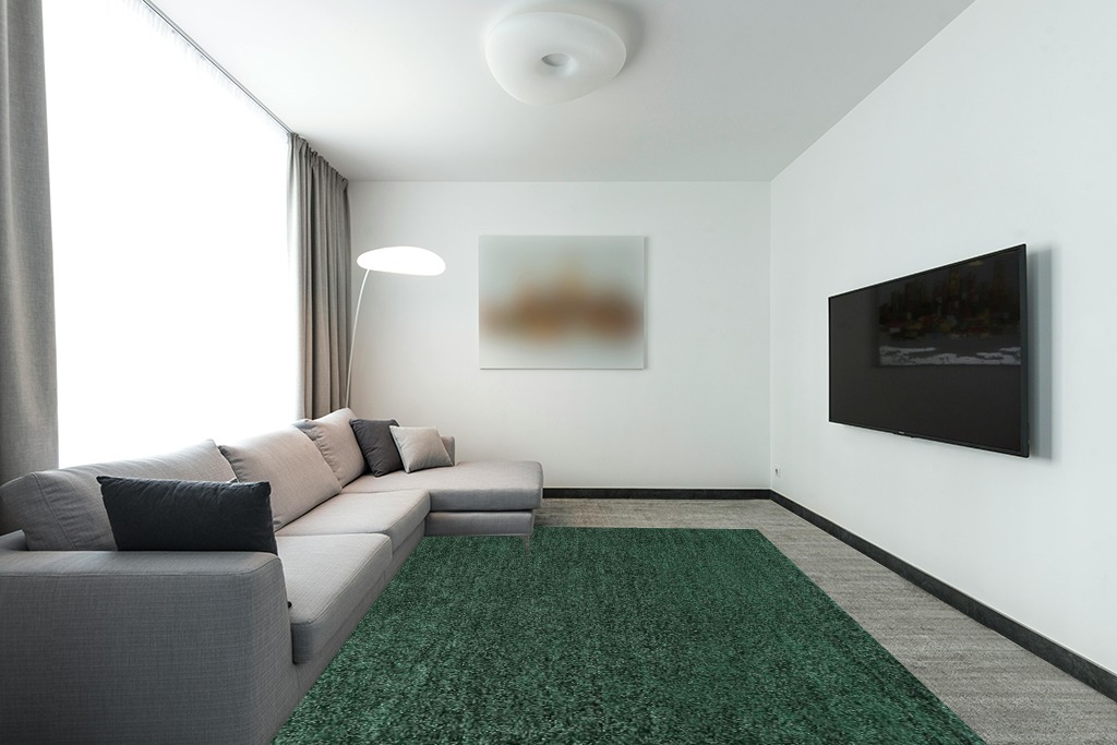 JONATHAN Y SEU100L-8 Haze Solid Low-Pile Indoor Area-Rug Casual Contemporary Solid Traditional Easy-Cleaning Bedroom Kitchen Living Room Non Shedding, 8 ft x 10 ft, Emerald in Modern Living Room with Grey Couch