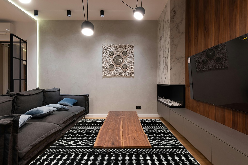 Antep Rugs Bohemian 8x10 Geometric Indoor Area Rug Phoenix, 7'10" x 10', Black in Dark Wood Living Room with Black Couch